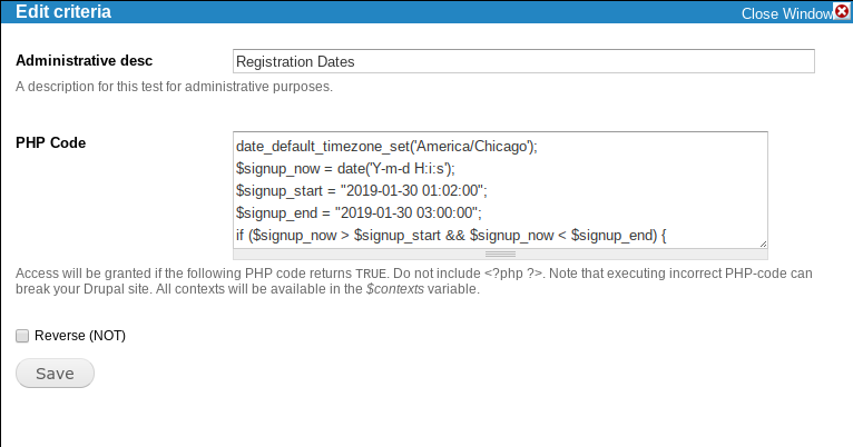 Screenshot of date config screen.